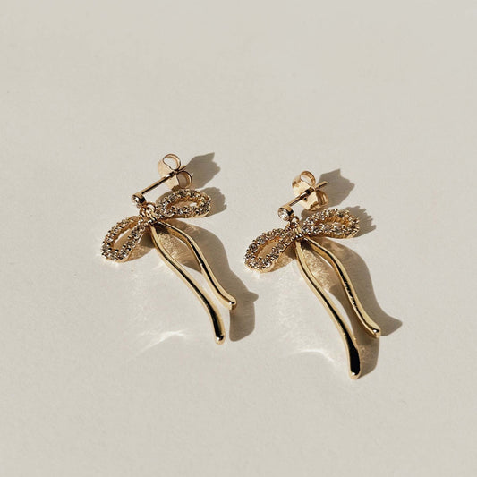 18K Gold Plated Bow Drop Earrings – Stainless Steel Elegant Ribbon Design
