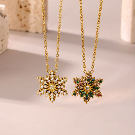 Christmas Snowflake Zircon Pendant Necklace – 18K Gold Plated Stainless Steel