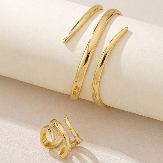 Minimalist Water Drop Open Line Ring and bracelet Set – 18K Gold / Stainless Steel