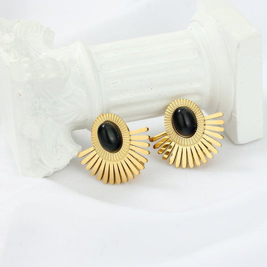 Gold Scalloped Stone Stud Earrings